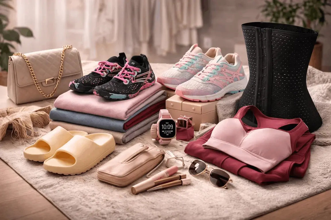 Selection of trendy women's clothing and accessories, including sweaters, handbags, and loafers in soft beige and cream colors.
