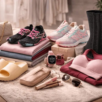 Selection of trendy women's clothing and accessories, including sweaters, handbags, and loafers in soft beige and cream colors.