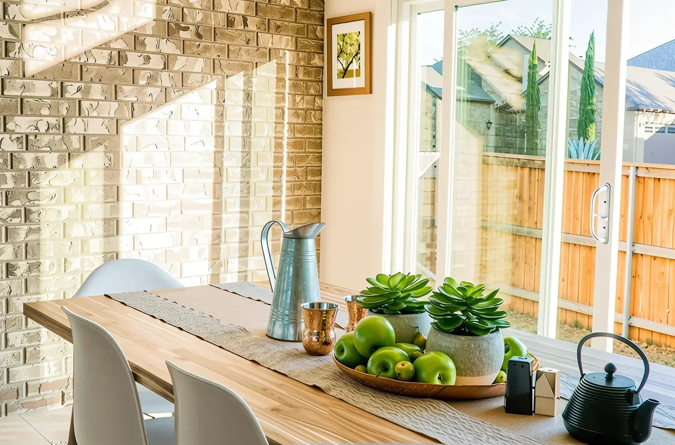 Stylish home dining area with wooden furniture, industrial pendant lighting, and natural sunlight.