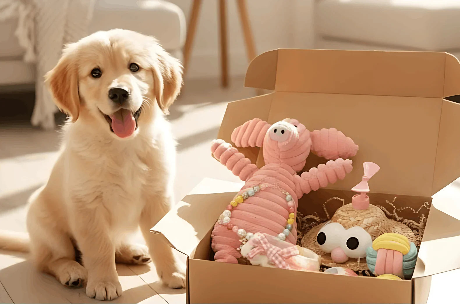 Selection of modern pet essentials and accessories for dogs, including walking gear, bowls, and toys.
