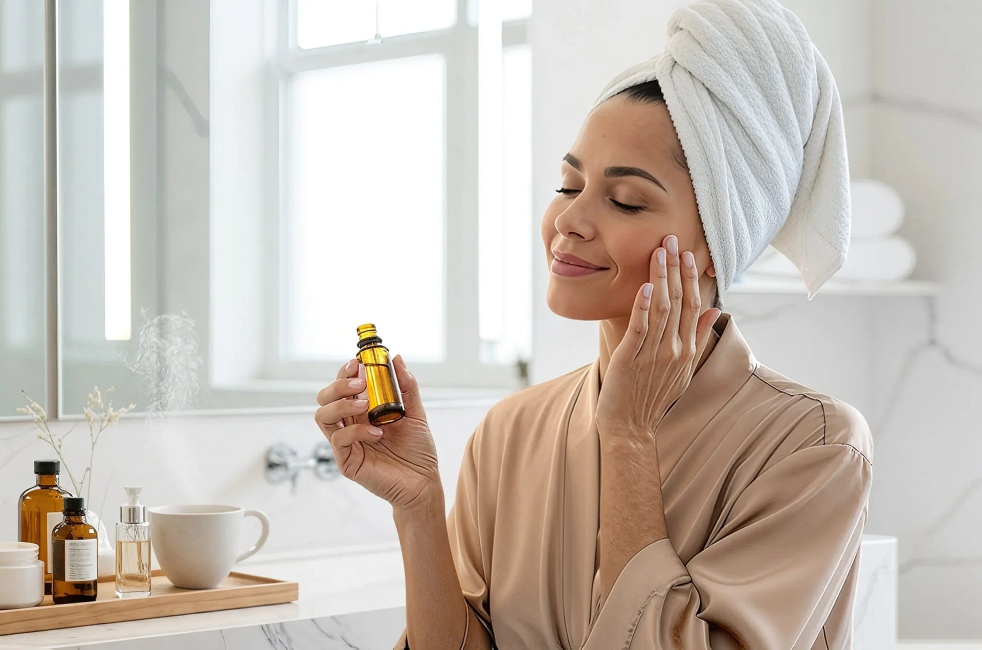 "Luxury beauty and self-care essentials set with organic skincare products, a candle, and body care tools.