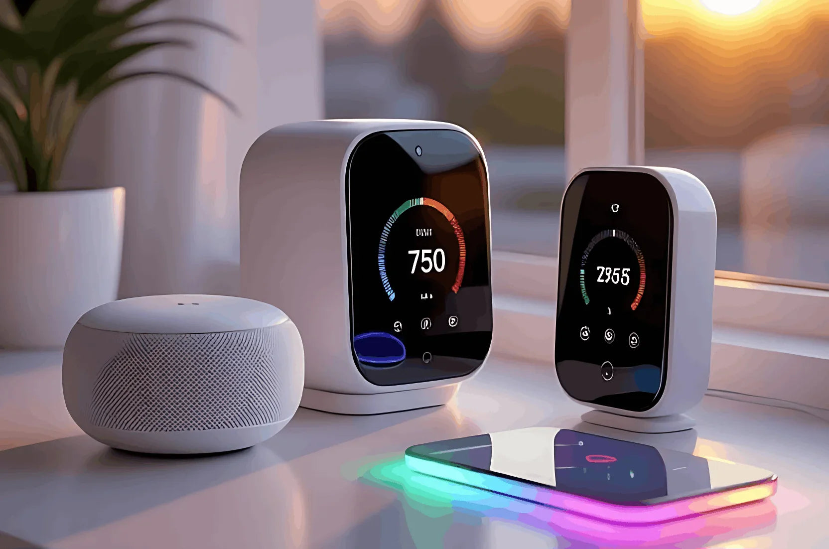 Collection of smart electronics, digital displays, and a glowing LED charging station for a modern office setup.