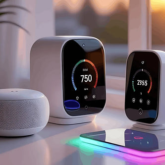 Collection of smart electronics, digital displays, and a glowing LED charging station for a modern office setup.