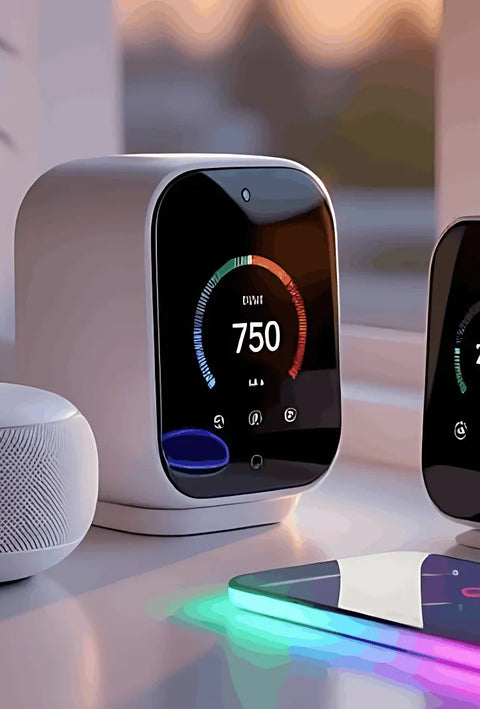 Collection of smart electronics, digital displays, and a glowing LED charging station for a modern office setup.