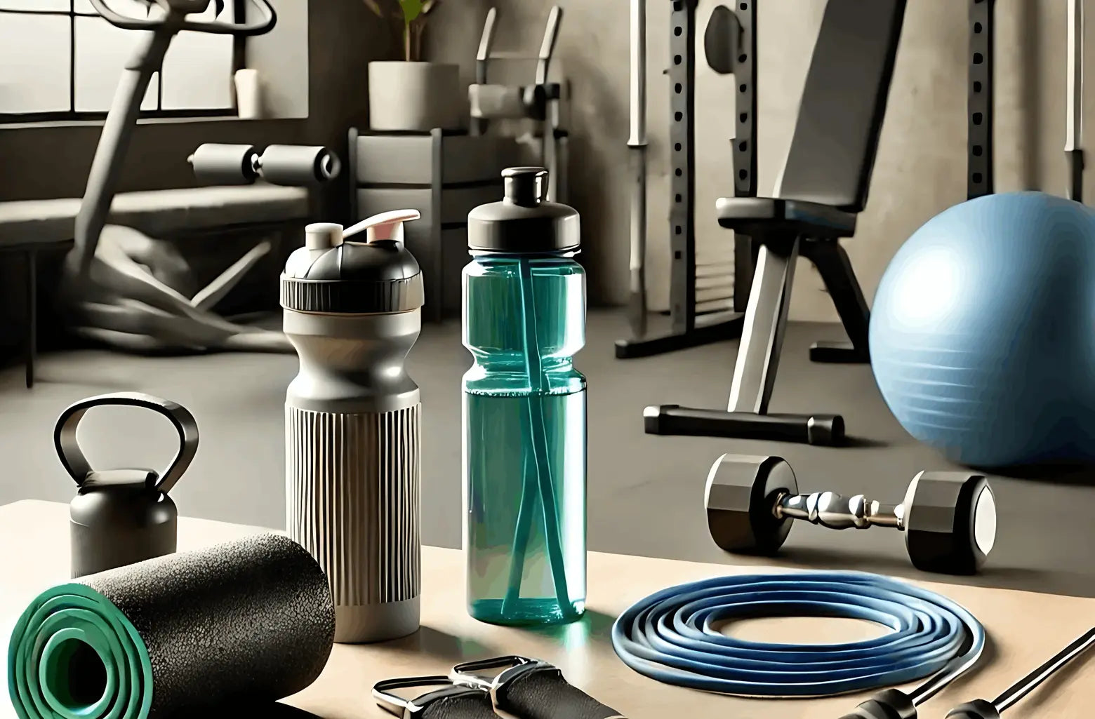Assorted fitness and training equipment for strength and cardio workouts in a bright studio.