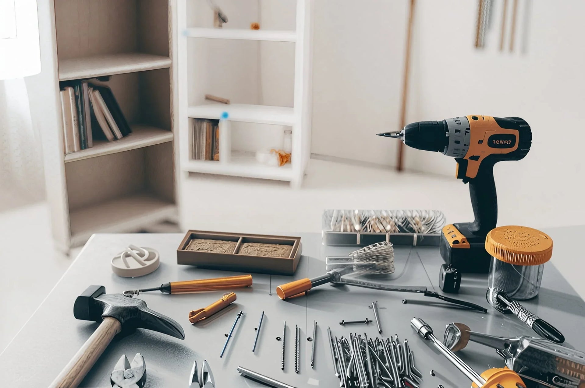 Assorted DIY home improvement tools and accessories arranged on a grey work table.