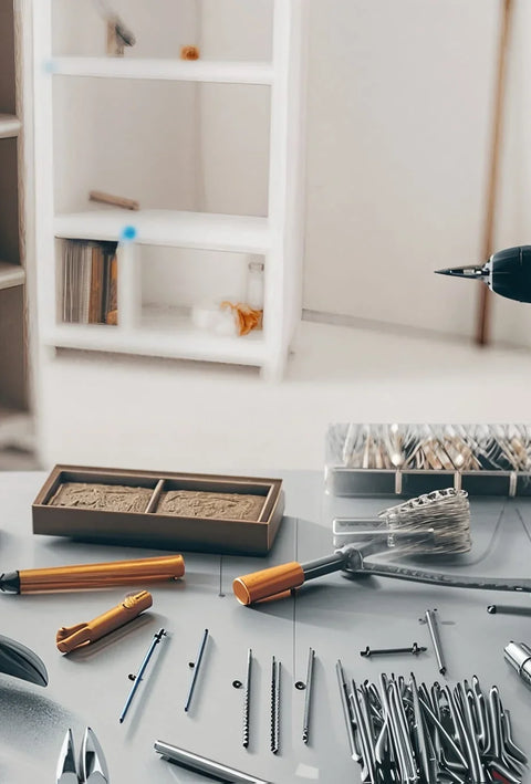 Assorted DIY home improvement tools and accessories arranged on a grey work table.