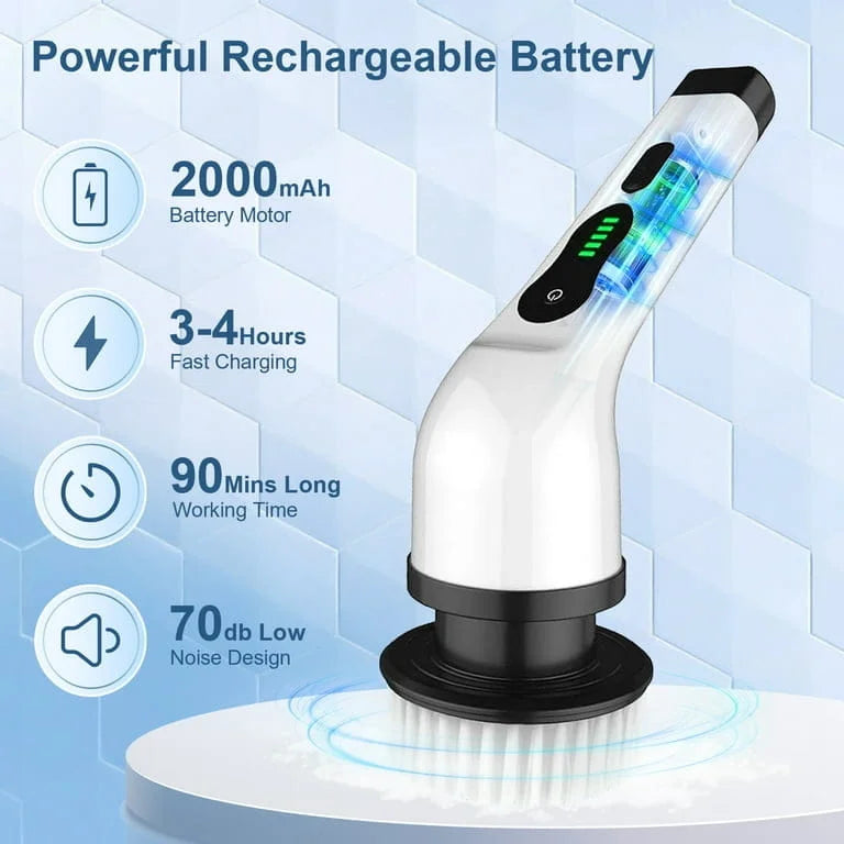 Rechargeable cleaning brush with battery information on a blue geometric background