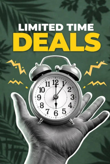 Hand holding a clock with 'Limited Time Deals' text on a green background with leaf patterns