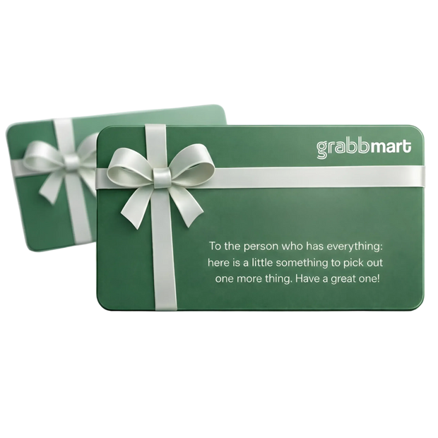 Green gift card with white ribbon and text, featuring the brand 'grabbmart'.