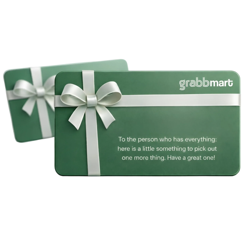 Green gift card with white ribbon and 'grabmart' branding on a white background