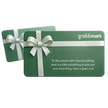 Green gift card with white ribbon and 'grabmart' branding on a white background