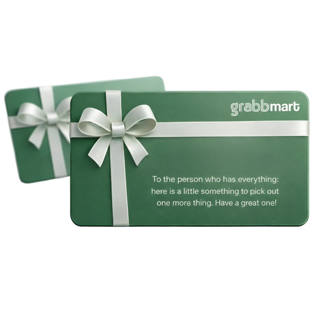 Green gift card with white ribbon and 'grabmart' branding on a white background