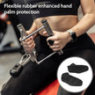 Person using resistance bands with text about flexible rubber enhanced hand palm protection.
