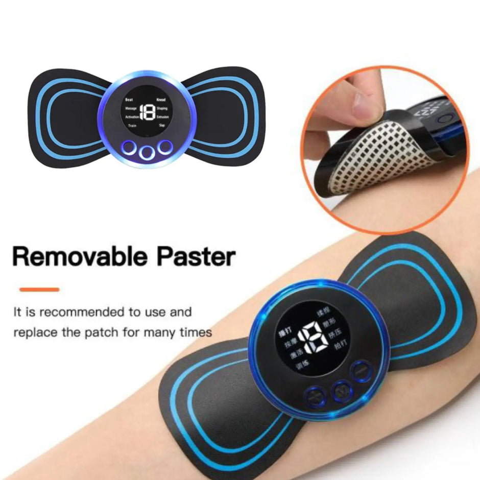 Electronic health patch with digital display on arm, showing 'Removable Paster' text.