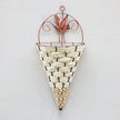 Decorative wall vase with wicker design and metal bird ornament on a white background