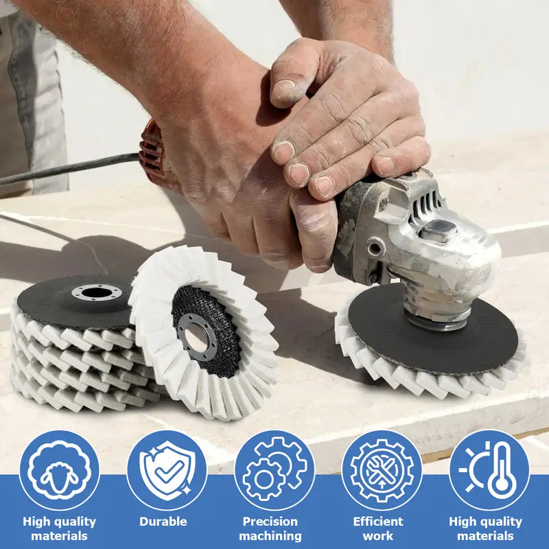 Person using a power tool with various attachments on a white surface, featuring icons and text about product features.
