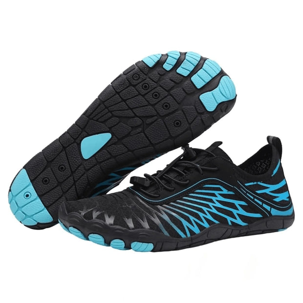 Black and blue water shoes on a white background