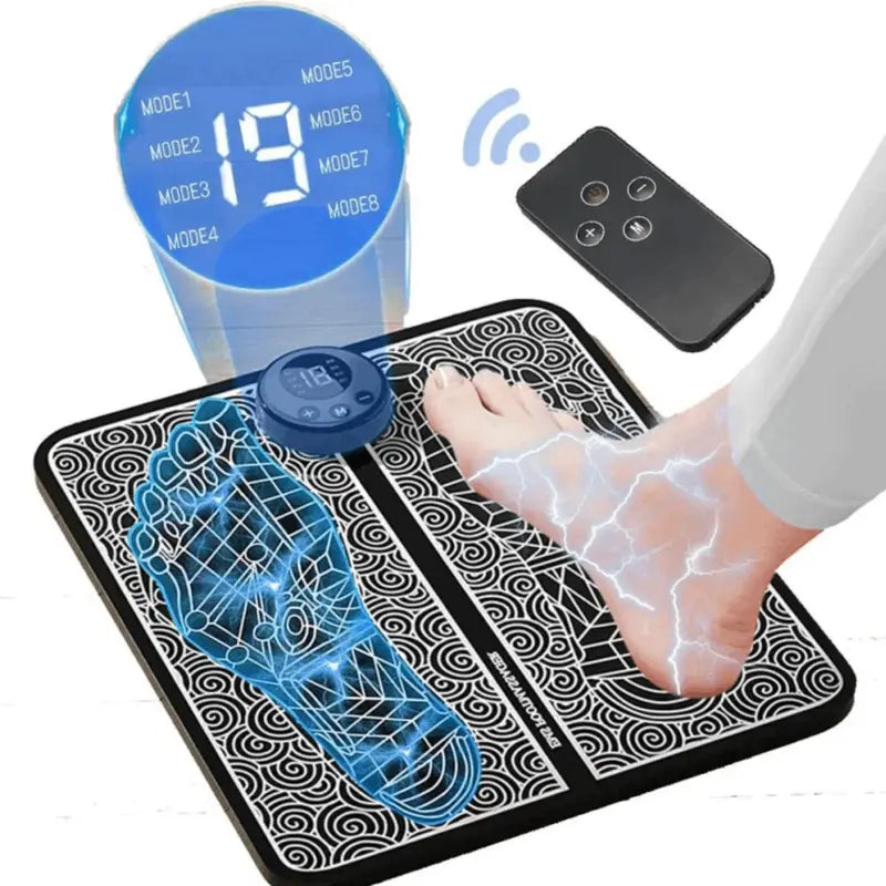 Vibrating mat with digital controller and foot on a white background