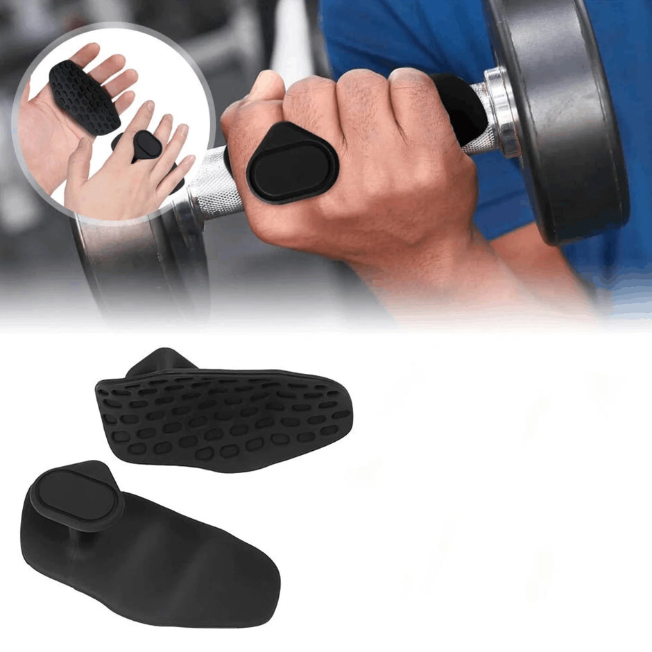 Person holding a dumbbell with black grip, inset showing close-up of hands using the grip