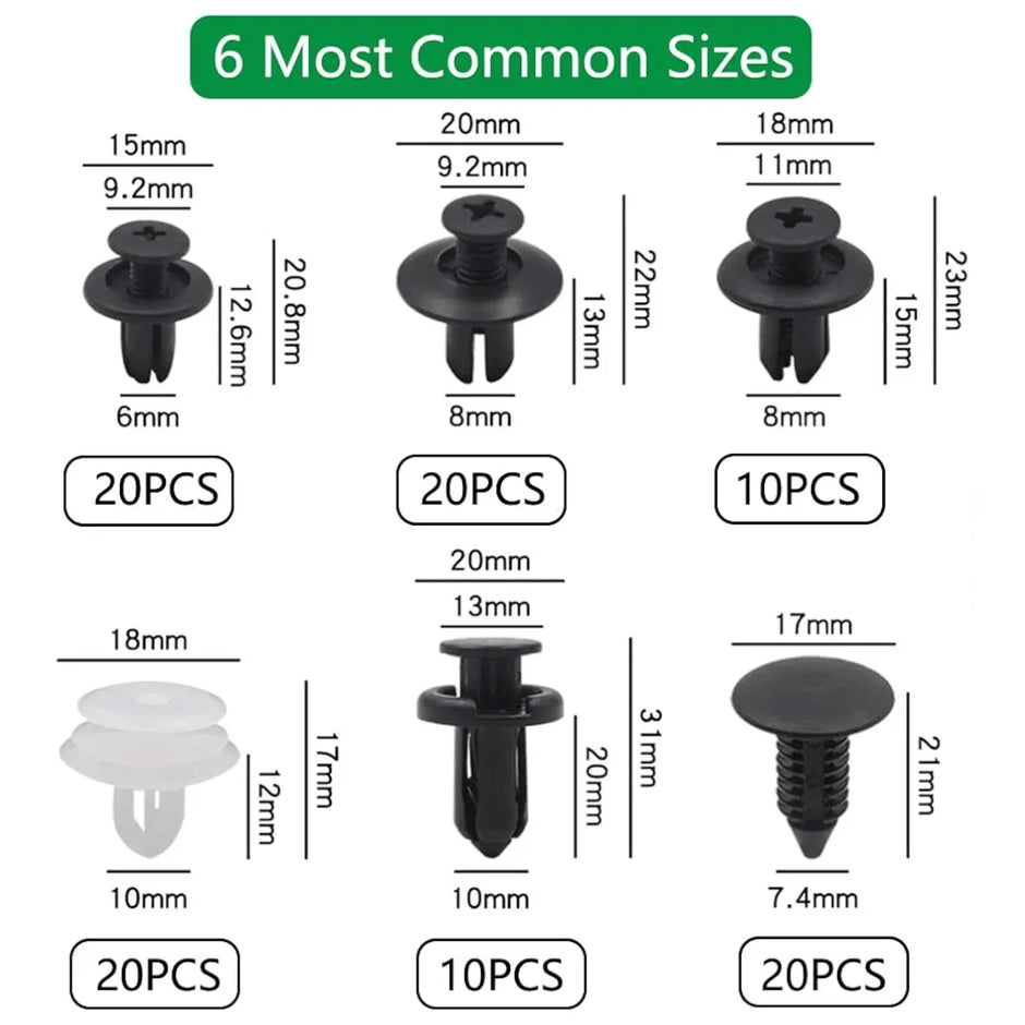 Set of black plastic clips with measurements and quantity labels on a white background