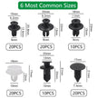 Set of black plastic clips with measurements and quantity labels on a white background