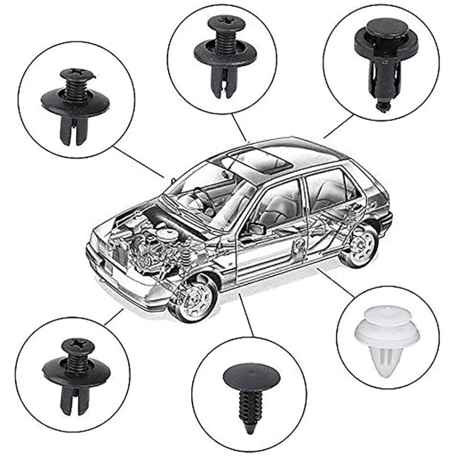Car with cutaway view and various car clips around it on a white background