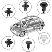 Car with cutaway view and various car clips around it on a white background