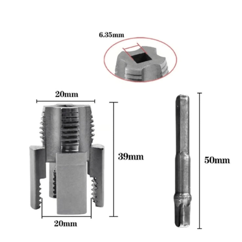 Metal drill bit set with measurements on a white background