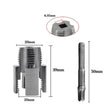 Metal drill bit set with measurements on a white background
