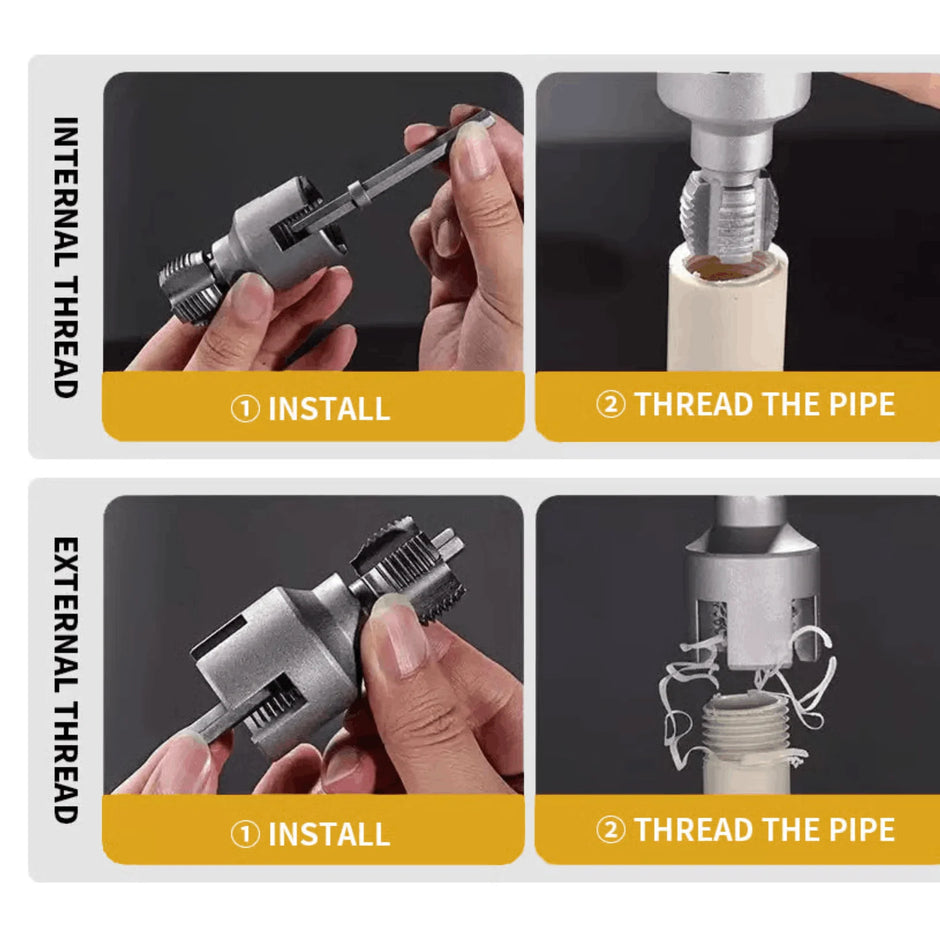 Step-by-step guide on using a pipe threading tool with text labels.