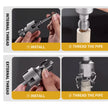 Step-by-step guide on using a pipe threading tool with text labels.