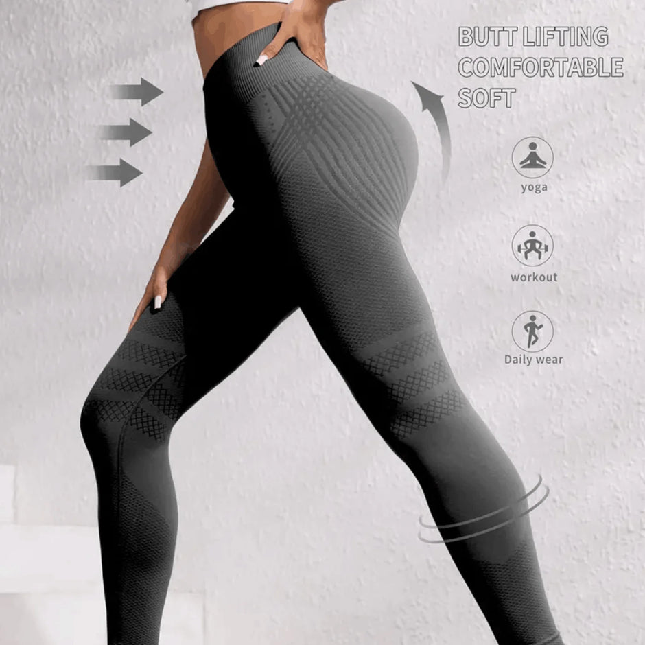 Person wearing black leggings with text on a light gray background