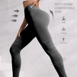 Person wearing black leggings with text on a light gray background