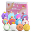 Colorful bath bombs with various designs in front of a 'Bath Bombs' box.