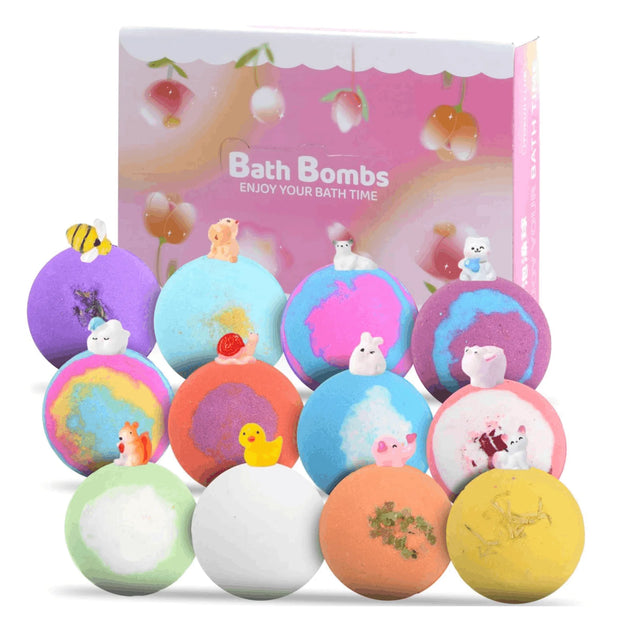 Colorful bath bombs with various designs in front of a 'Bath Bombs' box.