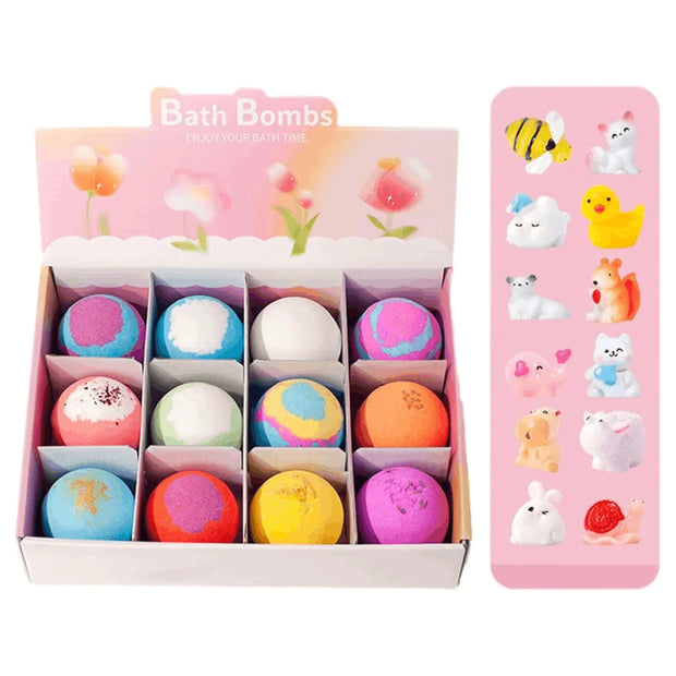 Box of colorful bath bombs with a pink packaging design featuring cartoon animals.