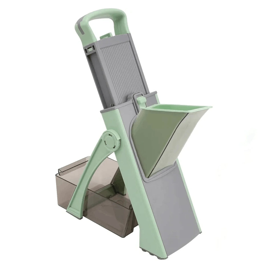 Green and gray vegetable peeler on a white background