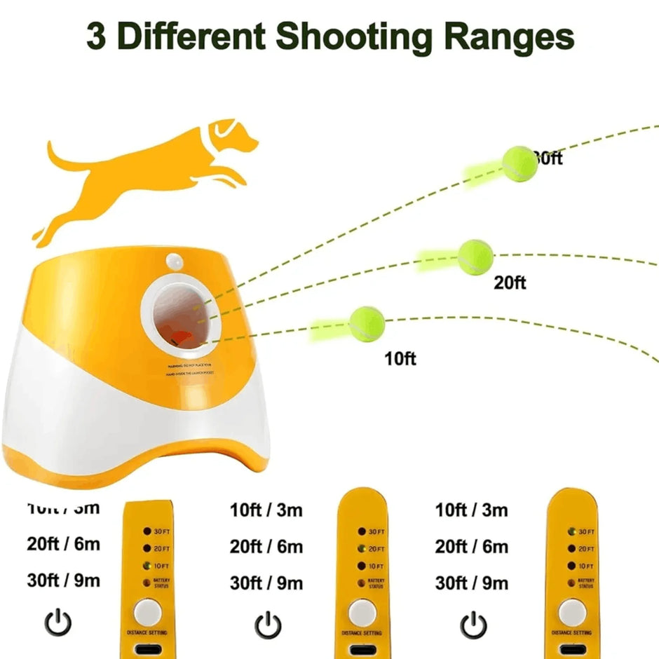 Dog training device with three different shooting ranges indicated by a dog and green projectiles.