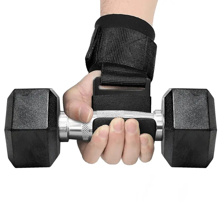 Hand holding a dumbbell with a wrist support on a white background