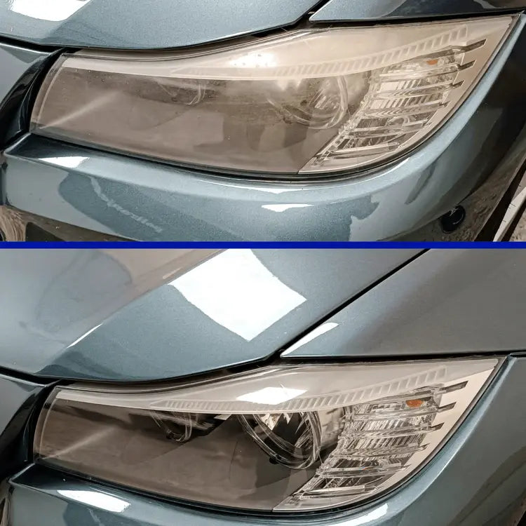 Comparison of car headlights before and after cleaning, showing a clear difference.
