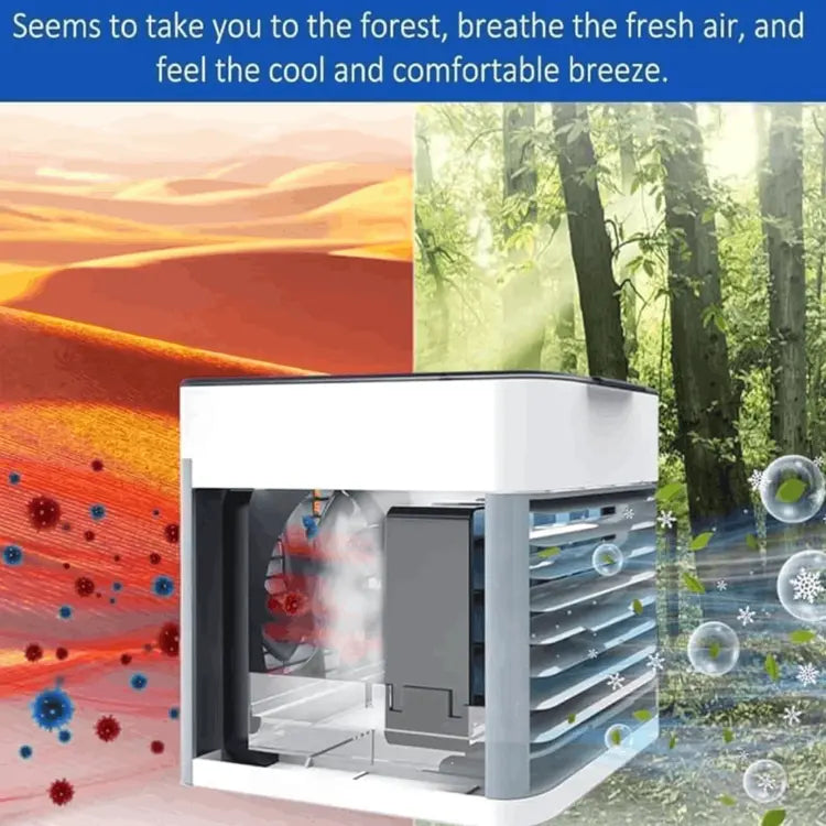 Air purifier with a forest scene and text about fresh air and comfort.