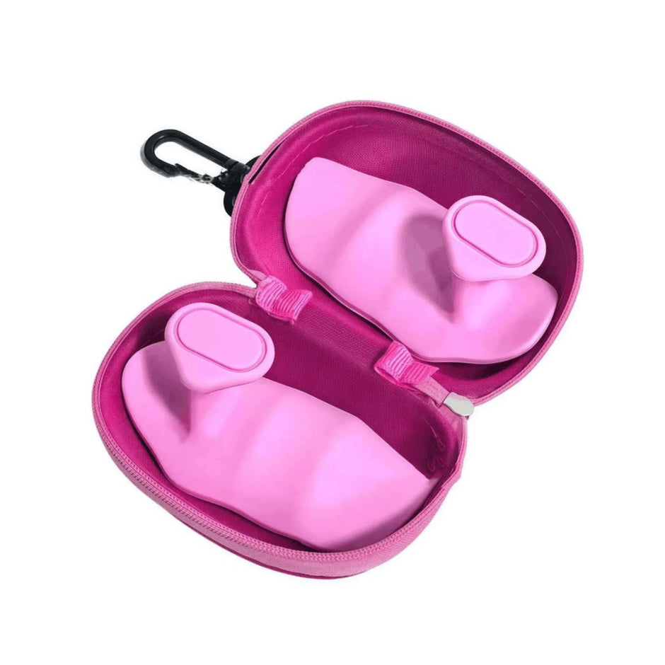Pink travel case with a heart-shaped item inside on a white background