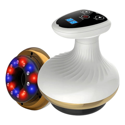 White and gold device with digital display and LED lights on a white background