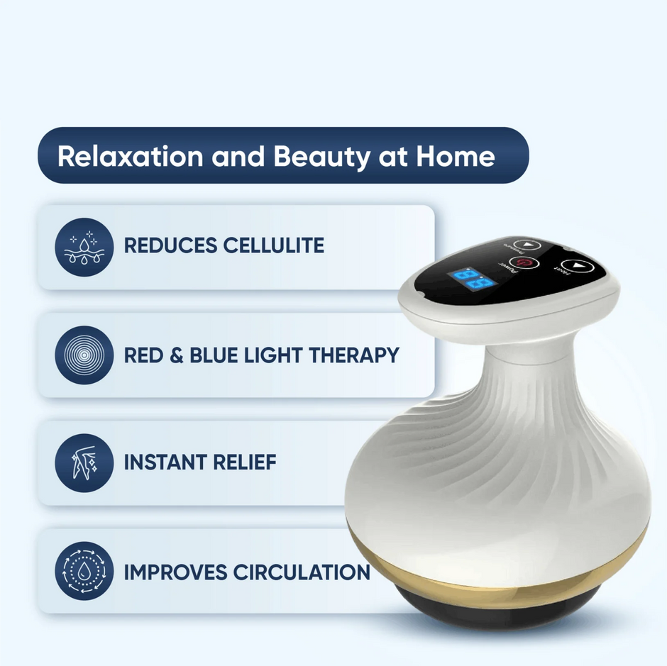 White and gold device with text on a light blue background