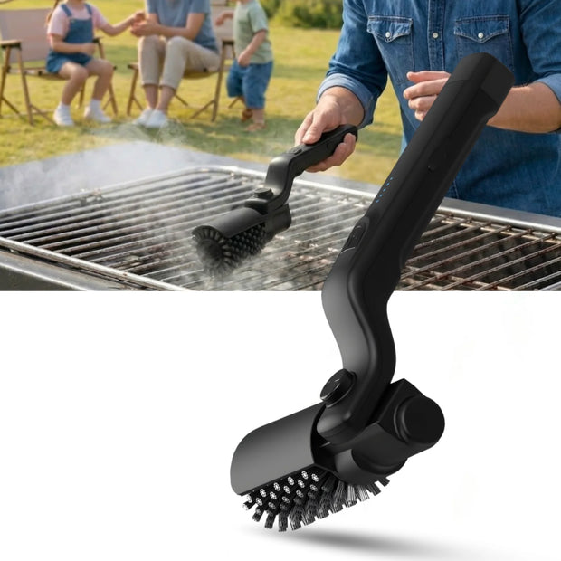 Barbecue cleaning brush with bristle head and handle, used on a grill with people in the background.