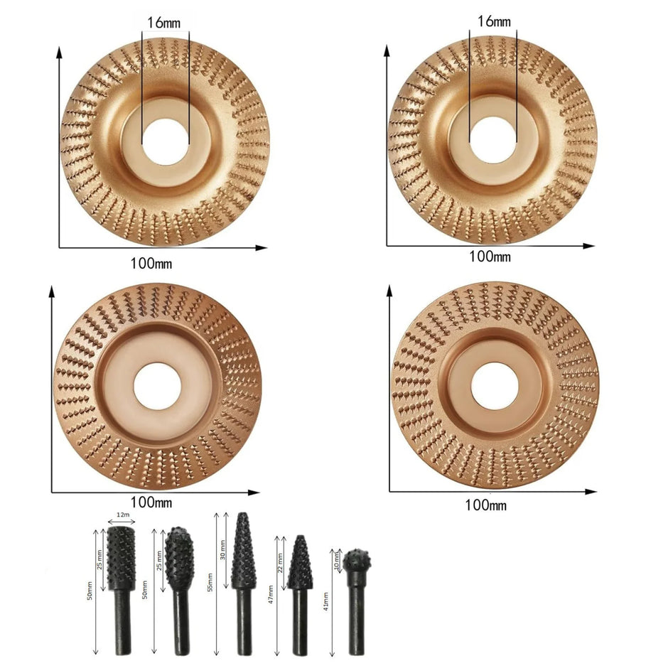Set of metal brush wheels with dimensions on a white background