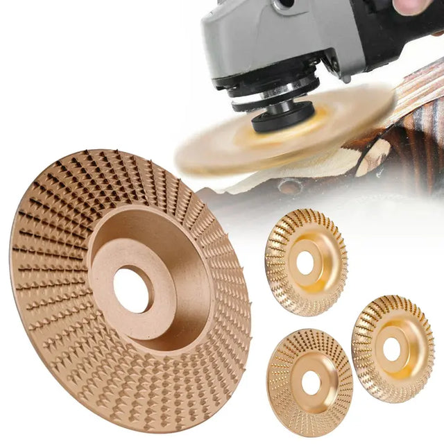 Set of gold grinding wheels with a power tool on a white background