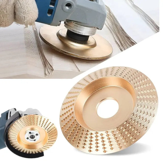 Gold grinding disc being used on a surface with close-up details.