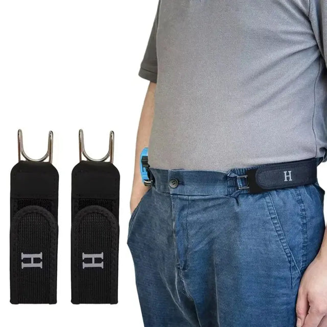 Two black leather belt buckles with a visible brand logo on a white background, with a person wearing a blue belt with a similar logo.